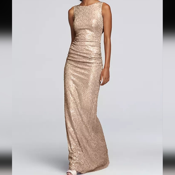 David's Bridal Champagne Gold Long Sequin Cowl Back Formal Tank Dress 1X - Picture 1 of 10